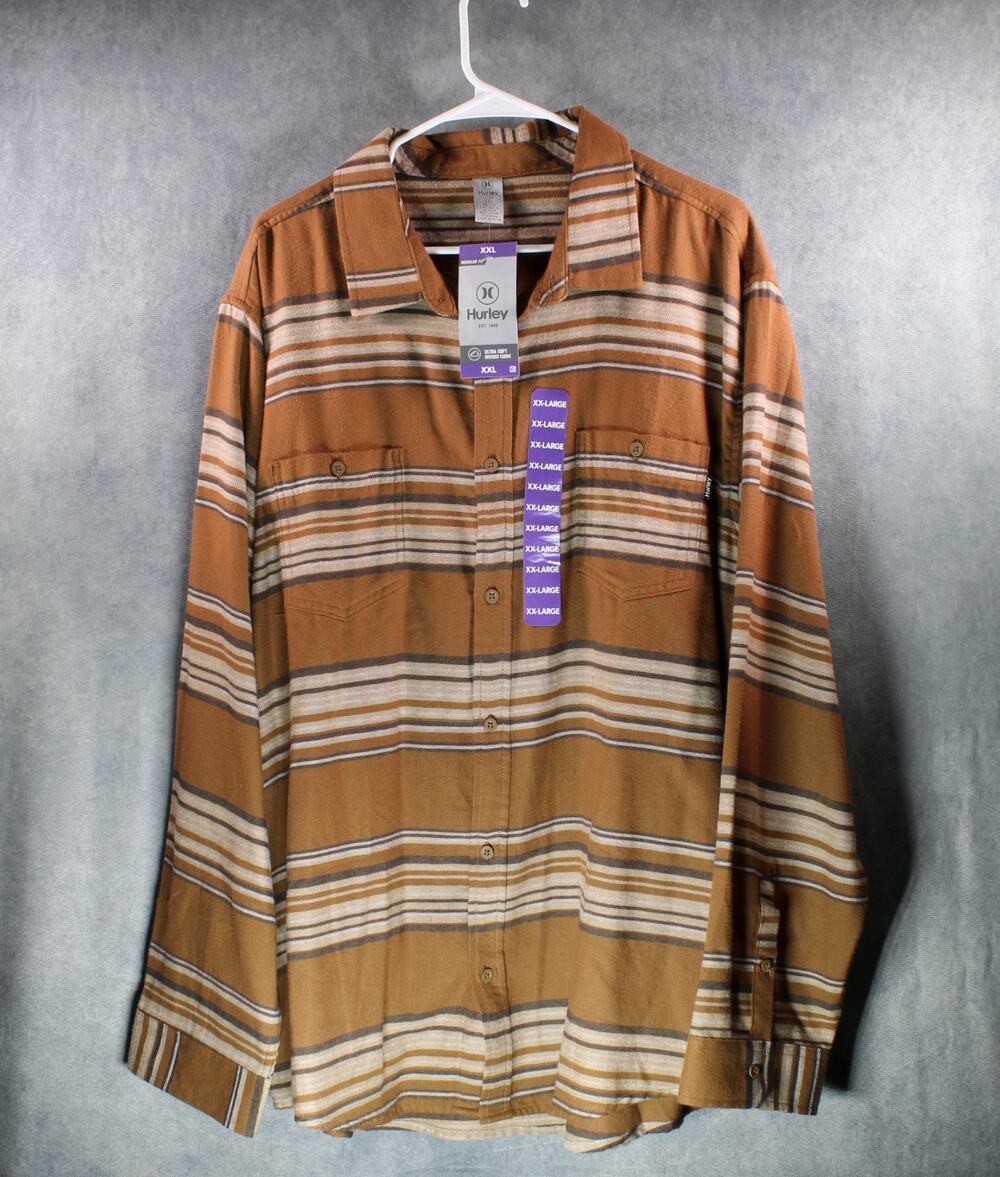 NWT Hurley Bronzed Brown Striped Long Sleeve Flannel Button Down Shirt XXL